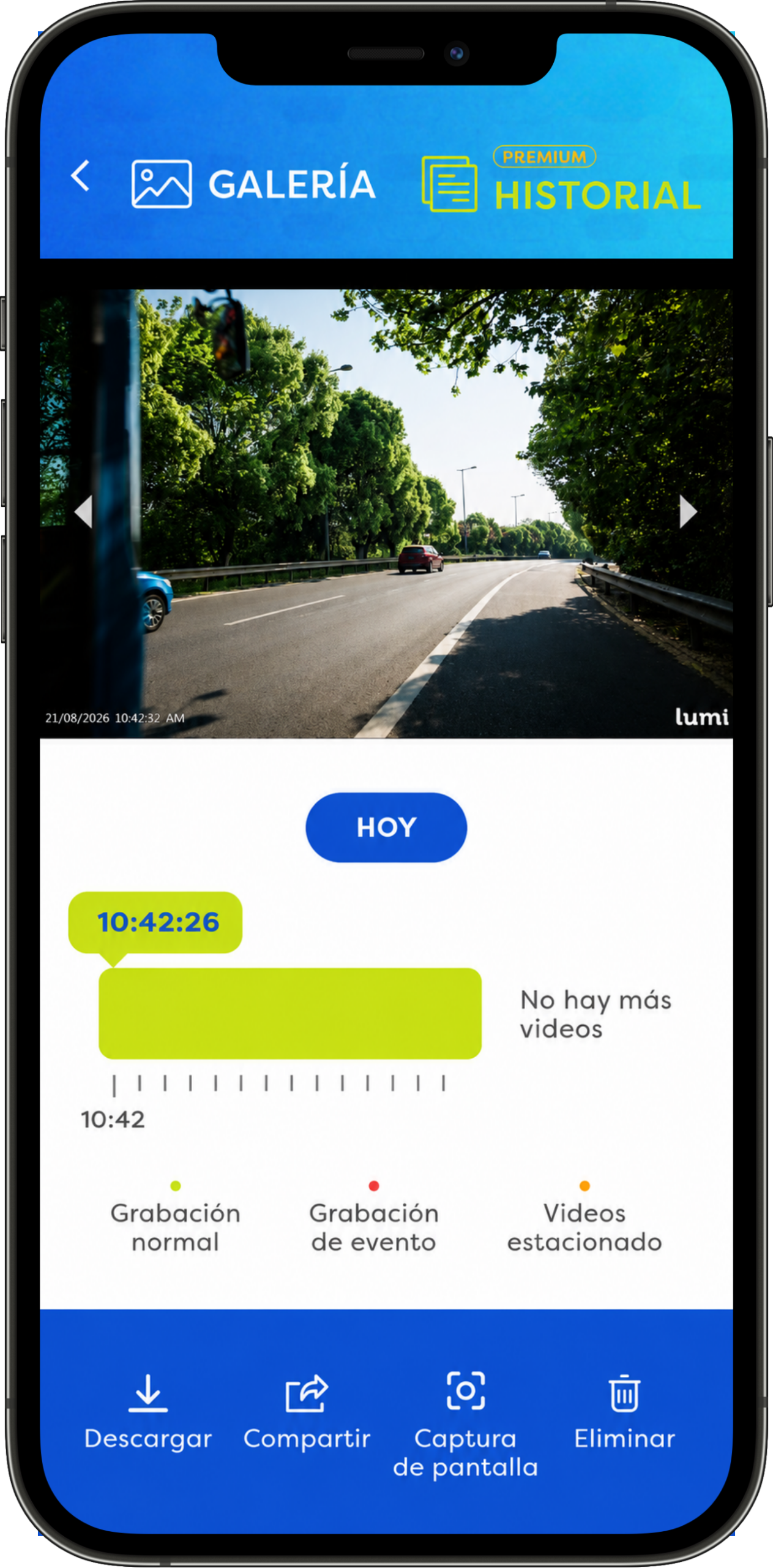 Pantalla de la App LUMI: reproducción de un video en la galería
