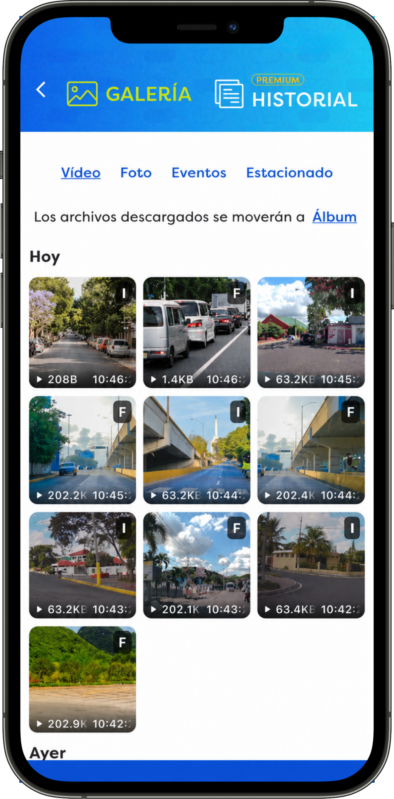 Pantalla de la App LUMI: cuadrícula de videos y fotos en la galería