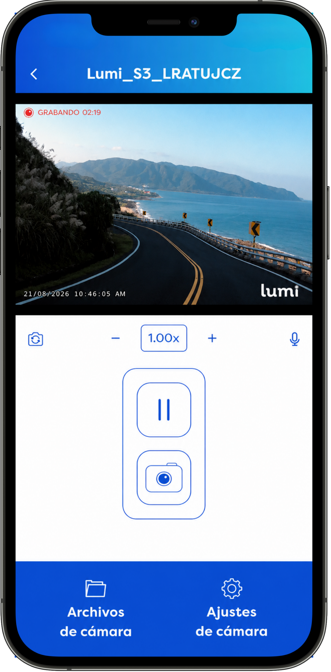Pantalla de la App LUMI: control de grabación en vivo